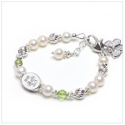 Monogram Charm Bracelet Engraved Pendant and Pearl Bracelet in Brushed Silver or Gold Personalized Jewlery