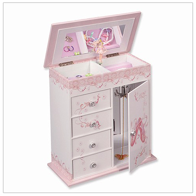 Girls musical jewelry box with pop-up ballerina, four drawers, and door with necklace hooks.